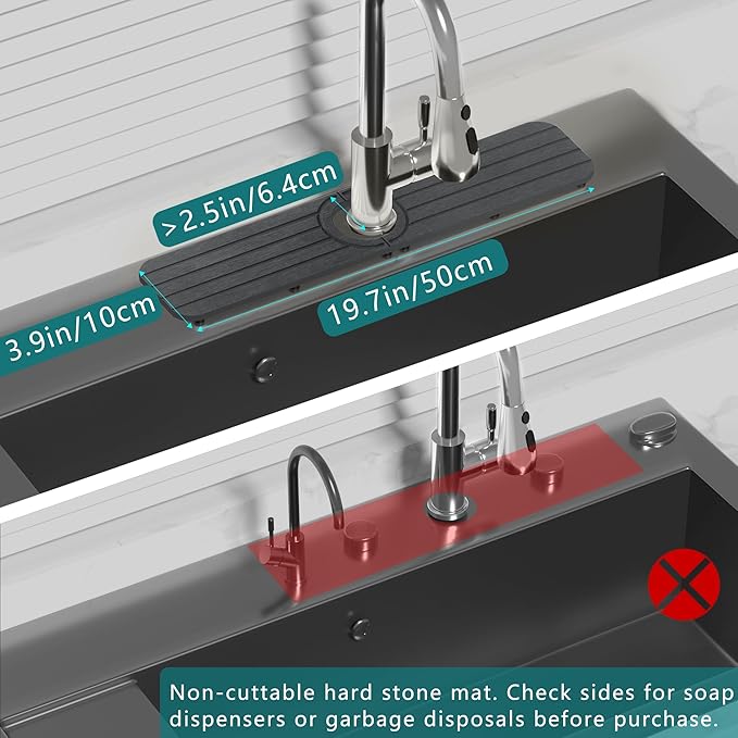 Faucet Mat for Kitchen Sink - 20 x 4inch Faucet Splash Guard for Bathroom Counter, Absorbent Diatomite Mat, Fast Drying Stone Sink Tray, Prevents Moisture Buildup, Dark Gray