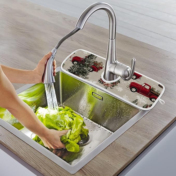 Sink Faucet Absorbing Mat Kitchen Sink Splash Guard Splash Faucet Drip Catcher for Bar RV Bathroom 2PCS 30x5.5in Watercolor Christmas Trees and Trucks Box