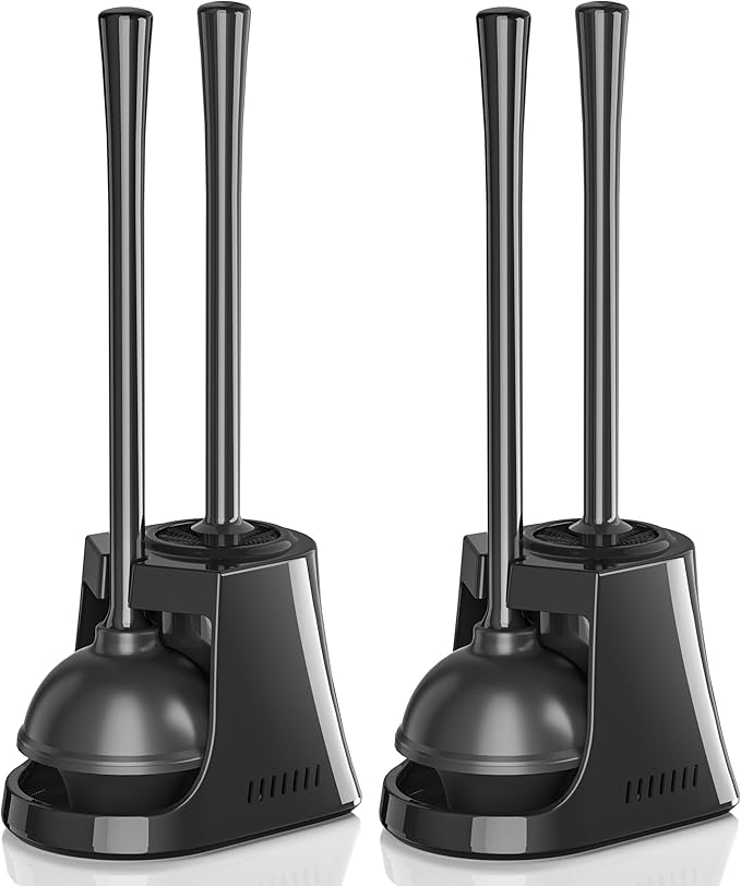 Toilet Plunger and Brush, Bowl Brush and Heavy Duty Toilet Plunger Set with Ventilated Holder, 2-in-1 Toilet Brush and Plunger Combo for Bathroom Cleaning (2, Black)