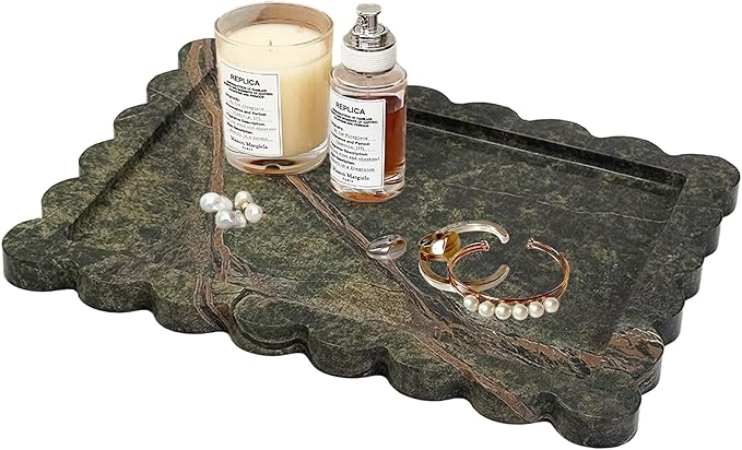 Prolee Scalloped Marble Tray,Marble Vanity Trays for Bathroom 12" x 9", Scalloped Tray,Wave Appearance Jewelry Home Decor Stone Trays for Kitchen Counter, Bathroom, Rainforest Green