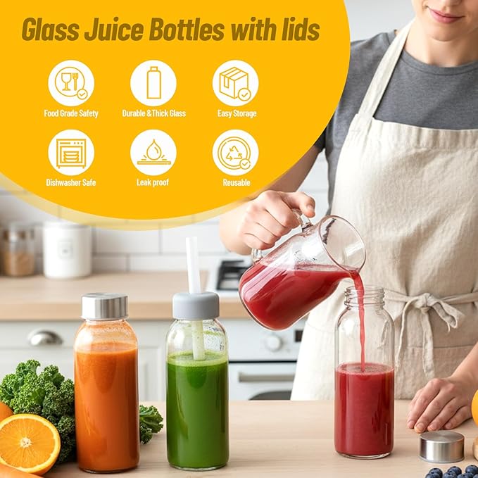 10 oz Clear Glass Bottle with Lid, Reusable Glass Water Bottles with Stainless Steel Cap & Straws for Juicing, Milk, Ginger & Smoothies, Refrigerator, Leak-Proof, Juice Containers Set of 16