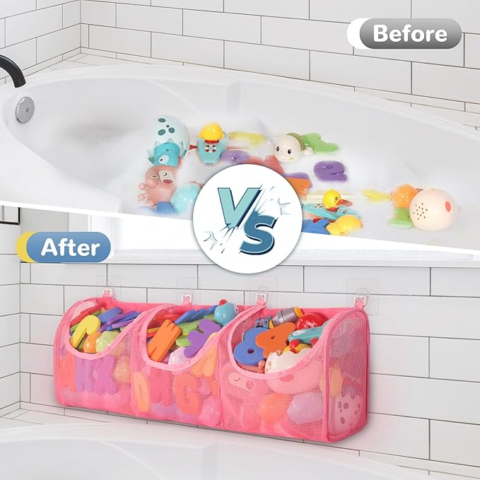 Bath Toy Storage, Large Capacity Bath Toy Holder, Opening 3 Compartments Bathtub Toy Storage, Quick Dry Bath Toy Organizer, Mesh Shower Caddy for Easy Access & Sorting Toys - Pink