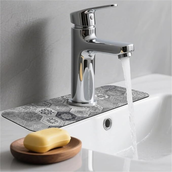Kitchen Sink Splash Guard，Retro hexagonal tiles Faucet Mat Sink Gadgets-Super Absorbent Fast Drying Mat Drip Catcher for Kitchen, Bathroom,Sink Mat, Dish Drying Mat, Bathroom(15" X 5.5" )