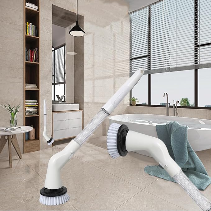 Generic Electric 𝑠𝑝𝑖𝑛 Cleaning Brush, Rechargeable Cleaning Brushes with 5 Replaceable Brush Heads, Adjustable Handle Electric Cleaning Brush, for Bathroom Bathtub and Tile Floors, White
