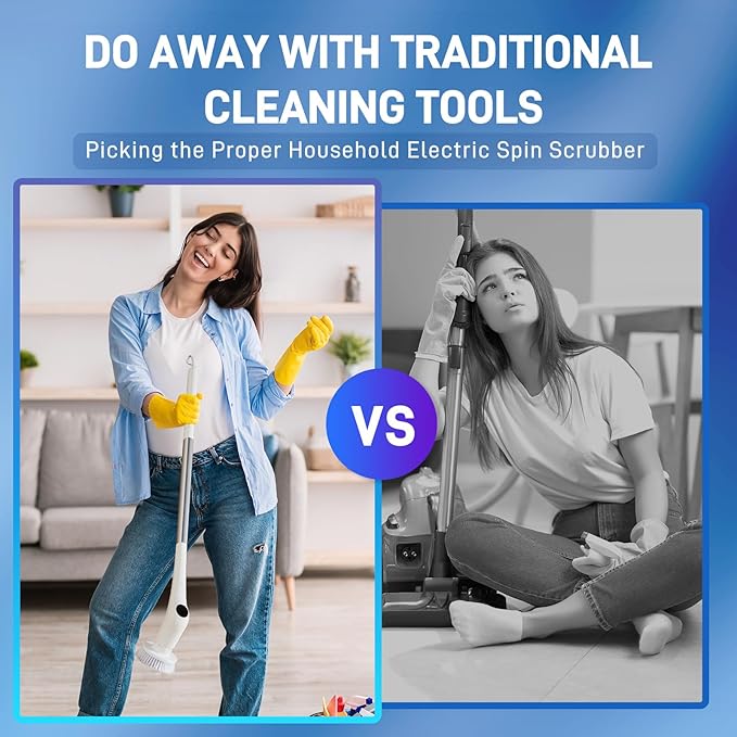 Electric Spin Scrubber - Bathtub Shower Scrubber,Bathroom Cleaning Brush Floor Brushes with Long Handle,Power Cordless Automatic Handheld Mop Cleaner for Bath Tub Kitchen Tile Grout Hardwood