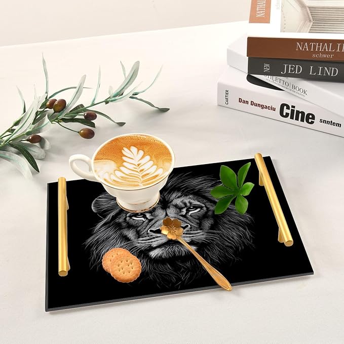 Black Head of A Lion Vanity Tray Acrylic Decorative Serving Tray Coffee Table Tray for Bathroom Living Room Bedroom