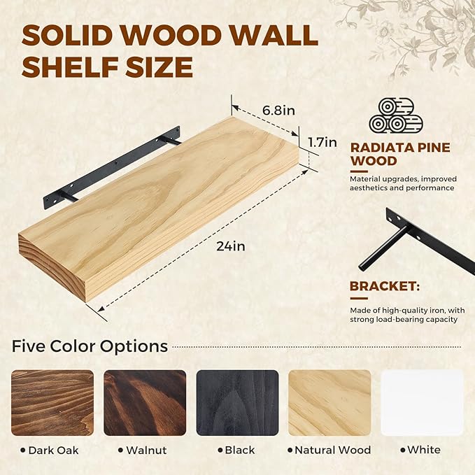 Floating Wall Shelves 24x6.8x1.7 Inch – Solid Wood Rustic Shelves in Natural Wood Finish – Wall Mounted Display Shelf for Bathroom, Kitchen, Bedroom – Set of 3