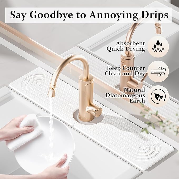 Faucet Mat for Kitchen Sink, Super Absorbent Diatomite Fast Drying Stone, Sink Splash Guard and Bathroom Stone Tray, Stone Drying Mat for Counter (White, 15.8" x 4")