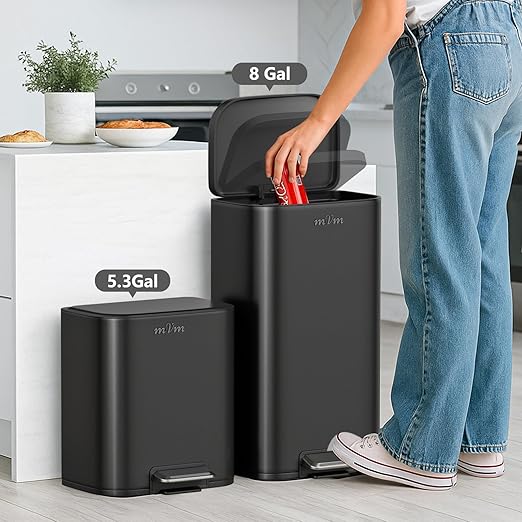 mVm Kitchen Trash Can, 5.3 Gal Trash Can with Lid, Smooth Edge Step Garbage Bin for Home Kitchen Office (Black)