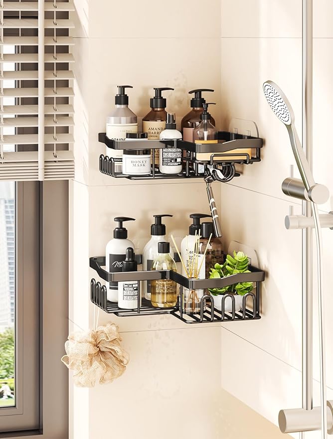 Corner Shower Caddy with Soap Holder, 2 Pack Stainless Steel Corner Shower Organizer with 11 Hooks, No Drilling & 6 Strong Adhesives Corner Shower Shelf Bathroom Organizer for Shower Room, Black