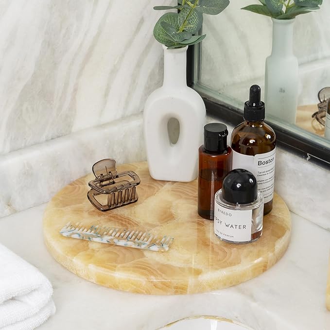 BCS Round Marble Vanity Tray for Bathroom Counter- 10 inch Natural Mexico Onyx Stone Tray for Perfume, Jewelry, Makeup Organizer, Luxury Dresser & Nightstand Decor