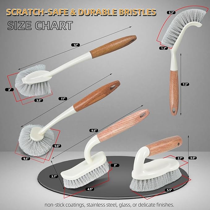 5-Pack Heavy Duty Scrub Brushes Set with Wooden Handles - Multi-Surface Cleaning for Kitchen, Bathroom, Tile & Grout Includes Spherical, Triangle, Square & Dish Brush for Tough Stains