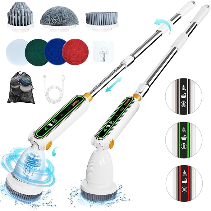 Electric Spin Scrubber, Quiet Cordless Power Scrubber, Electric Cleaning Brush with 8 Replaceable Heads, Adjustable Extendable Pole, Shower Scrubber with Long Handle for Bathroom