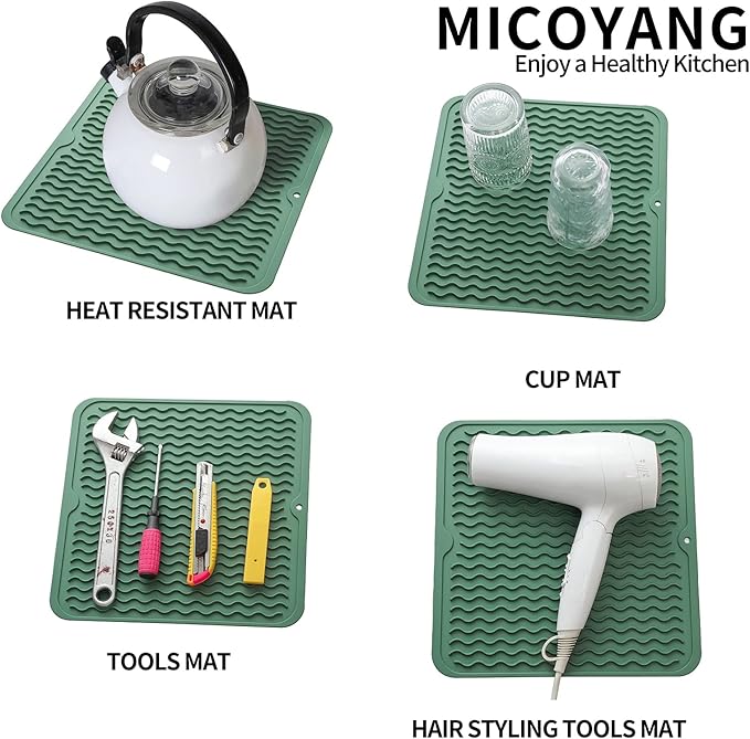 Silicone Dish Drying Mat for Multiple Usage,Easy clean,Eco-friendly,Heat-resistant Silicone Mat for Kitchen Counter or Sink,Refrigerator or Drawer liner Green M 12 inches x 12 inches