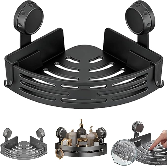 2026 New Suction Cup Corner Shower Shelf, No-Drill Bathroom Corner Shelf Strong, Waterproof Suction Cup, Bathroom Organizers and Storage Countertop for Bathroom Kitchen (Black-1PCS)