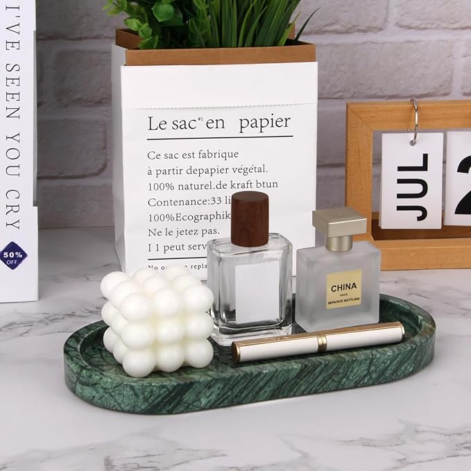 Oval Marble Bathroom Vanity Tray, Natural Luxury Marble Home Kitchen Bathroom Table Tray, Stone Decorative Countertop Serving Trays for Coffee Perfume Jewelry Makeup (Green, 10 * 5 * 0.6)