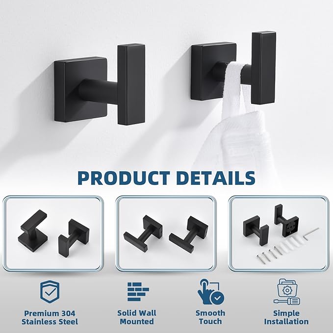 APLusee Matte Black Bath Towel Hook 2 Pack, 304 Stainless Steel Robe Hook, Wall Mounted