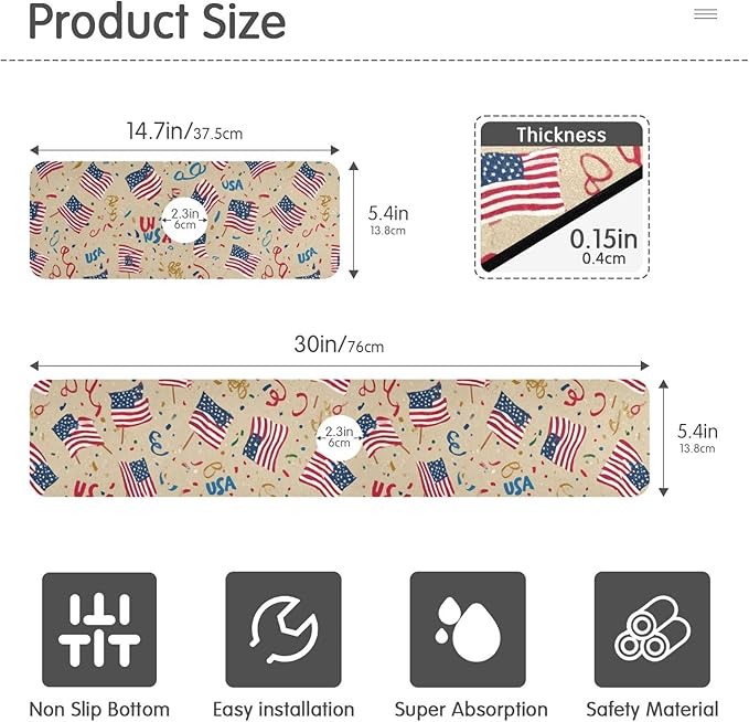 Kitchen Sink Splash Guard 2 PCS 14.7 Inch Sink Faucet Mat Splash Guard for Bathroom Countertop Water Absorbent Foldable Cuttable Soft Washable Brown Patriotic American Flags