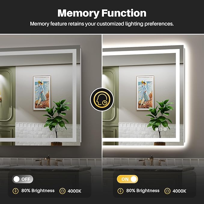 48"x38" LED Bathroom Mirror with Lights, Backlit & Front Lit, Lighted Wall Mirrors for Bathroom Vanity, Touch Screen Dimmable, Anti-Fog, Memory Function, HD Tempered Glass, Shatter-Proof, ETL Listed