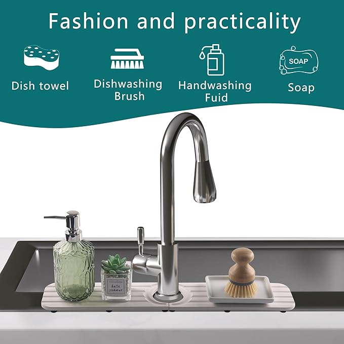 Faucet Mat for Kitchen Sink - 20 x 4inch Faucet Splash Guard for Bathroom Counter, Absorbent Diatomite Mat, Fast Drying Stone Sink Tray, Prevents Moisture Buildup, White