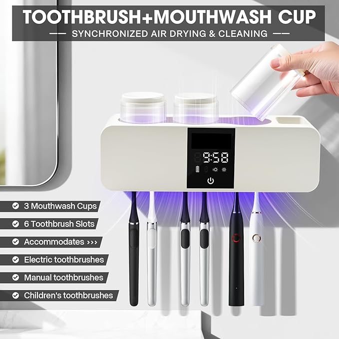 Wall-Mounted Smart Toothbrush Holder with Drying Function,Washroom Toothbrush Clean Holder No Drilling Required, with 3 Cups for Family (White)