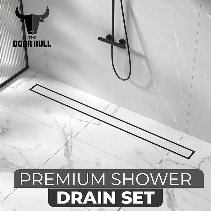36 Inch Rectangular Linear Shower Drain Set with Reversible Flat & Tile Insert Cover, 304 Stainless Steel Bathroom Floor Drain with Hair Catcher, Shower Floor Drain Includes Adjustable Leveling Feet