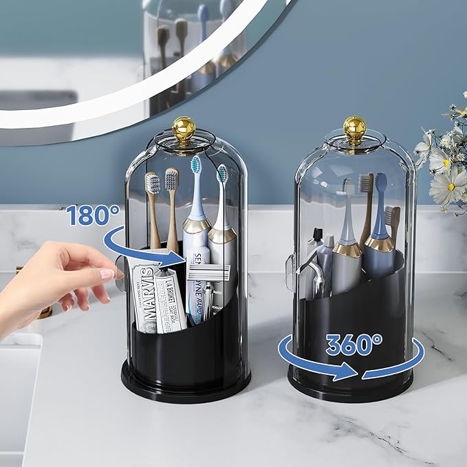 Delamu Covered Toothbrush Holder with 180° Dustproof Sliding Lid, Toothbrush Organizer with 360° Smooth Rotating Base, 3 Slots Makeup Brush Organizer for Vanity, Black