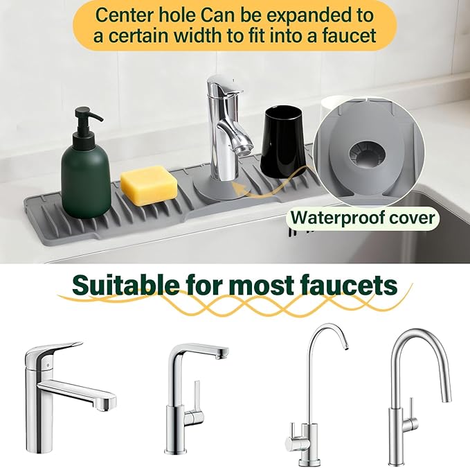 Silicone Faucet Splash Guard Mat for Kitchen Sink - Fast-Drain, Non-Slip Countertop Protector, Water Catcher Tray Behind Faucet, Easy Clean Silicone Drip Mat, 24"x 5.51"