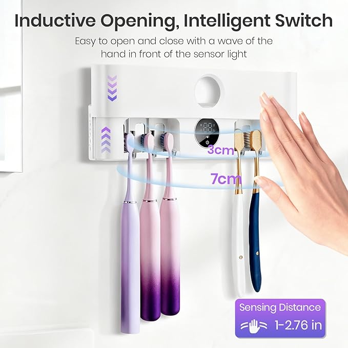 Wall Mounted Toothbrush Holder&Toothbrush Cleaner,Electric Toothbrush Holder, Razor Holder and Cleaner for Bathroom Accessory, with Auto Inductive Open/Close Cover, Clean, Dry for Home,Travel-5Slots