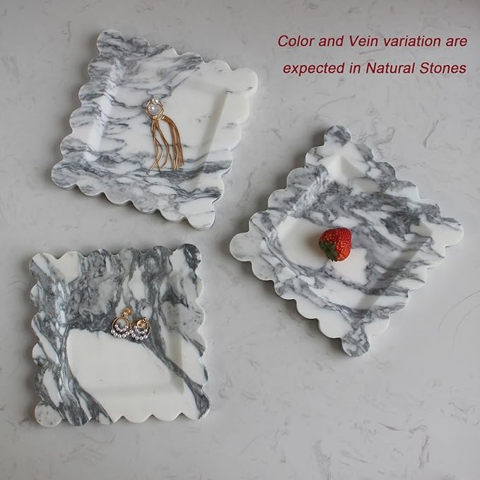Natural Luxury Marble Tray with Scalloped Edge, Handmade Square Decorative Tray, Catch All Tray for Counter, Dresser, Nightstand and Home Décor
