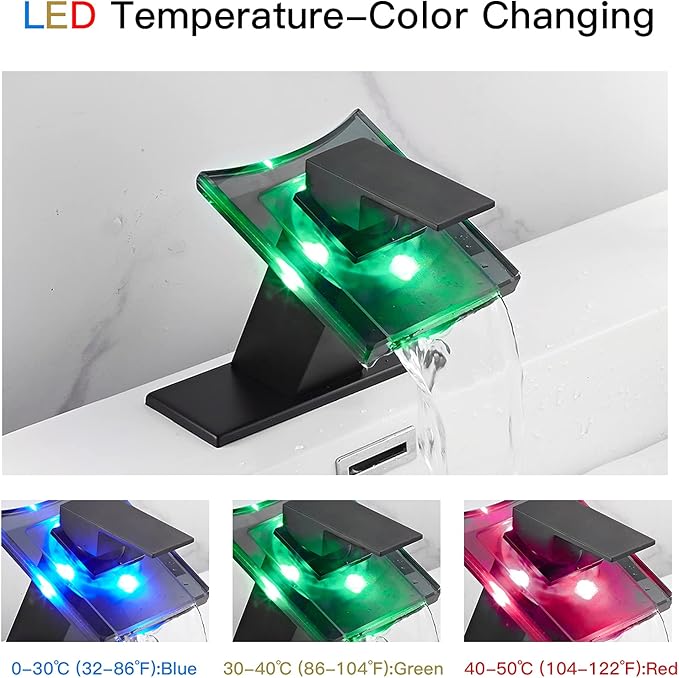 Bathroom Black Faucet Waterfall LED Glass Spout with Overflow Drain Stopper Single Handle One Hole Deck Mount Modern Designer Bath Basin Sink Tap 3 Color Changing Battery Powered Lavatory Vanity