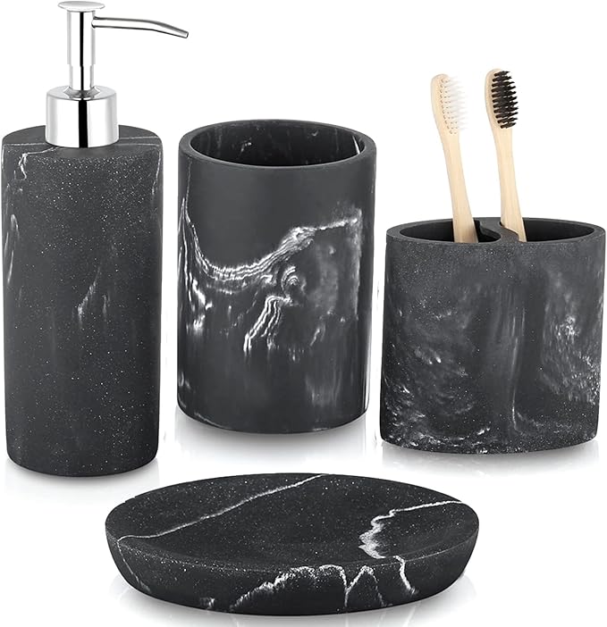 ZCCZ Bathroom Accessories Set, 4-Piece Marble Pattern with Soap Dispenser, Toothbrush Holder, Tumbler, and Soap Dish for Modern Bath Décor, Elegant and Durable Design for Home or Office Bathrooms