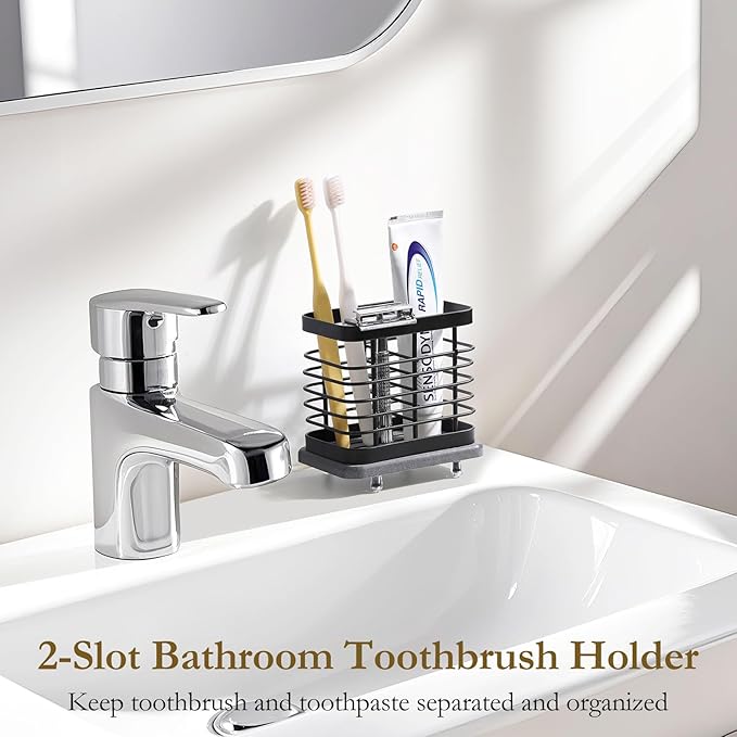 Shinowa Fast-Dry Wall Mounted Toothbrush Holder with Diatomaceous Earth Tray, Stainless Steel Electric Toothbrush & Toothpaste Organizer, No-Drill Adhesive or Countertop Bathroom Holder, 2 Slots