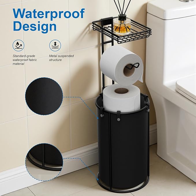 Free Standing Toilet Paper Holder with Storage - Bathroom Toilet Tissue Holder with Waterproof Organizer Bag, Rustproof Metal Toilet Paper Roll Holder with Shelf for Wipes & Phone, Black