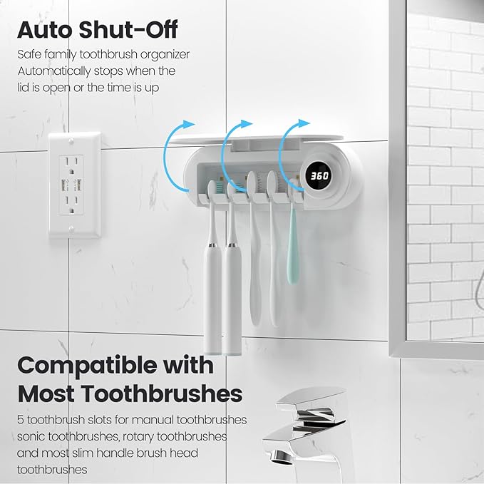 MIMORE Toothbrush Holder, 5 Toothbrush Slots & Timer Function, Cordless Wall Mounted Toothbrush Holders for Bathrooms