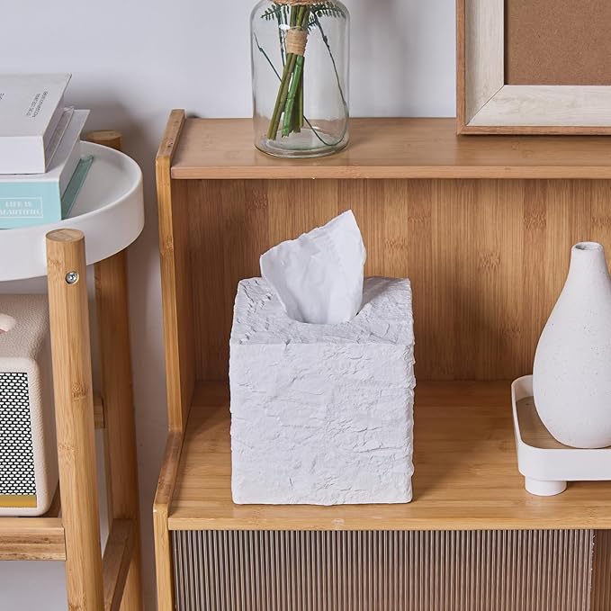 Natural Rock Textures Tissue Box Cover Square for Home Decor, Wild Raw Rocks Resin Heavy Cube Tissue Box Holder for Bathroom Countertop, Tabletop, Night Stand, Office Desk (White)