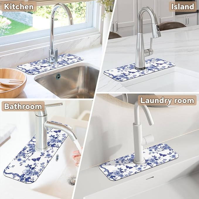 Blue Floral Sink Faucet Mat, Absorbent Elegant Chinese Style Kitchen Faucet Mat, Sink Splash Guard, for Bathroom Kitchen Sink Splash Guard Drying Mat 15.4"x5.7"