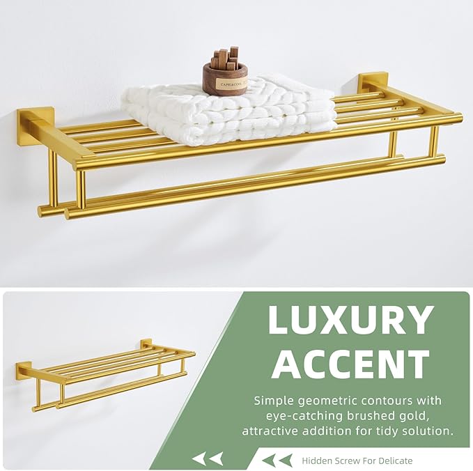 Bathroom Towel Shelf with Holder, Angle Simple SUS304 Stainless Steel Bath Towel Rack with Double Towel Bar, Wall Mount, Brushed Gold 23.62 Inches