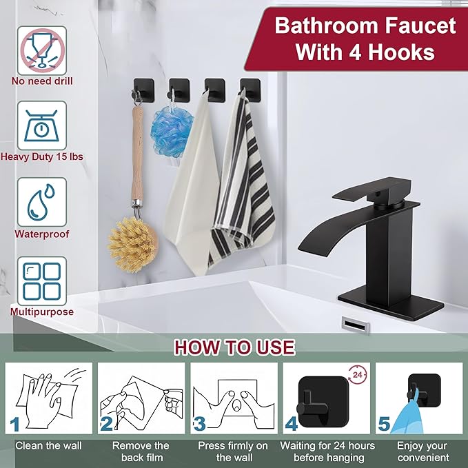 Matte Black Bathroom Faucet 3 Hole, Homikit 18/10 Stainless Steel Single Handle Waterfall Bathroom Sink Faucets Set for Sink 1 or 3 Hole for RV Vanity with Drain, Hooks, Deck Plate, Hoses