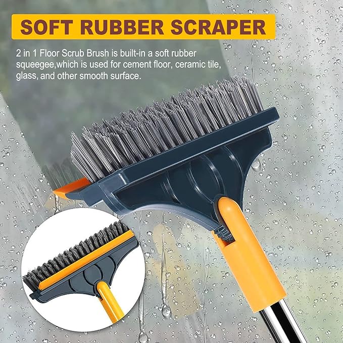 2 in 1 Cleaning Scrub Brush Grout Brush Scrape Floor Scrub Brush with Long Handle V-Shape Stiff Bristle Brush Scrubber with Squeegee 120°Rotating Magic Broom Brush for Cleaning Bathroom Glass Wall