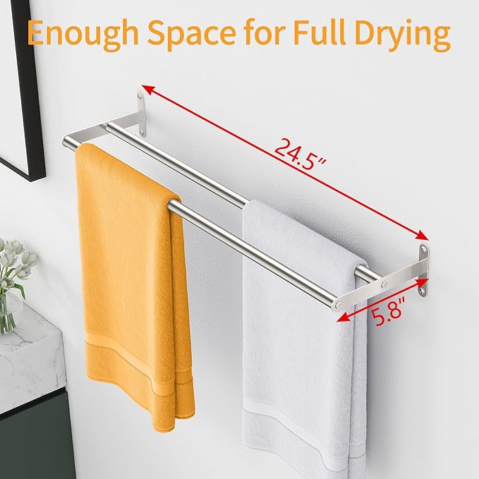 Double Towel Bar, MKO 24Inch Towel Racks for Bathroom, Stainless Steel Towel Rods for Bathroom Wall, Brushed Nickel