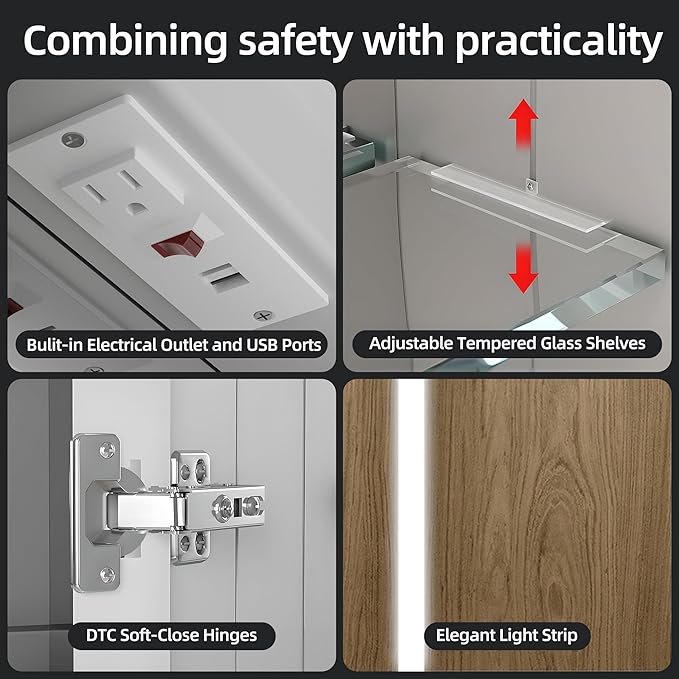 Medicine Cabinet with LED Lights and Mirror, 20 x 28 Inch Surface or Recessed Mounted Bathroom Cabinet with Door, Defogger, Memory Function, 3-Color Mode, Outlet&USB, Dimmer, Storage Shelf
