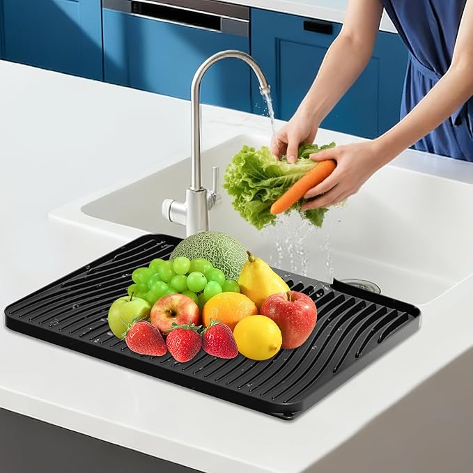 Silicone Dish Drying Mat for Kitchen Counter, 19.7" x 17" Dish Drying Pad, Non-Slip Drain Pad with Built-in Drain, Heat Resistant Stone Drying Mat, Black