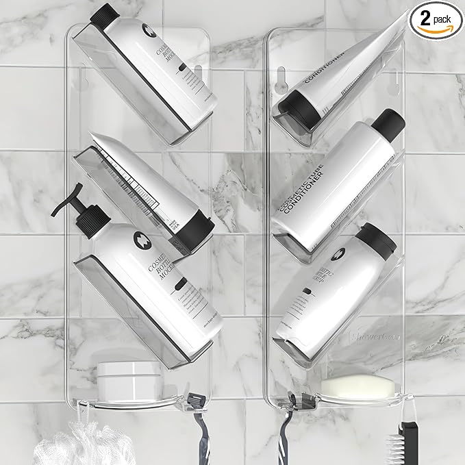 ShowerGem Easy Clean Shower Caddy, 2 Pack Durable Rustproof Bath Organizer, No Suction Cups, No Screws, Wall Mounted Adjustable Shower Rack, Acrylic Shelves As Seen On Instagram