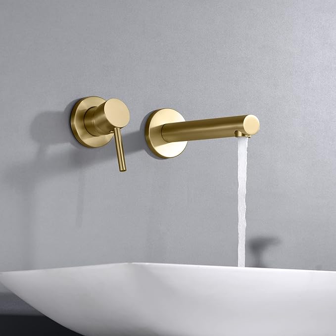 sumerain Bathroom Vanity Basin Faucet Wall Mount Left-Handed Single Handle with Rough in Valve, Brushed Gold