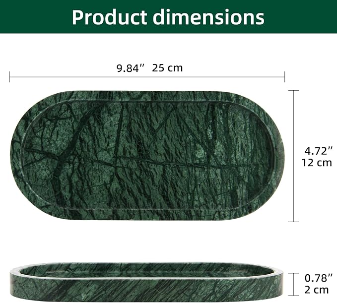 Oval Marble Bathroom Vanity Tray, Natural Luxury Marble Home Kitchen Bathroom Table Tray, Stone Decorative Countertop Serving Trays for Coffee Perfume Jewelry Makeup (Green, 10 * 5 * 0.6)