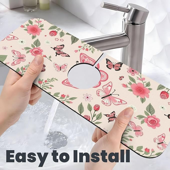 Butterfly Floral 15" X 5.5" Kitchen Sink Splash Guard, Faucet Guard Draining Mat, Faucet Suction Pad For Kitchen Bathroom