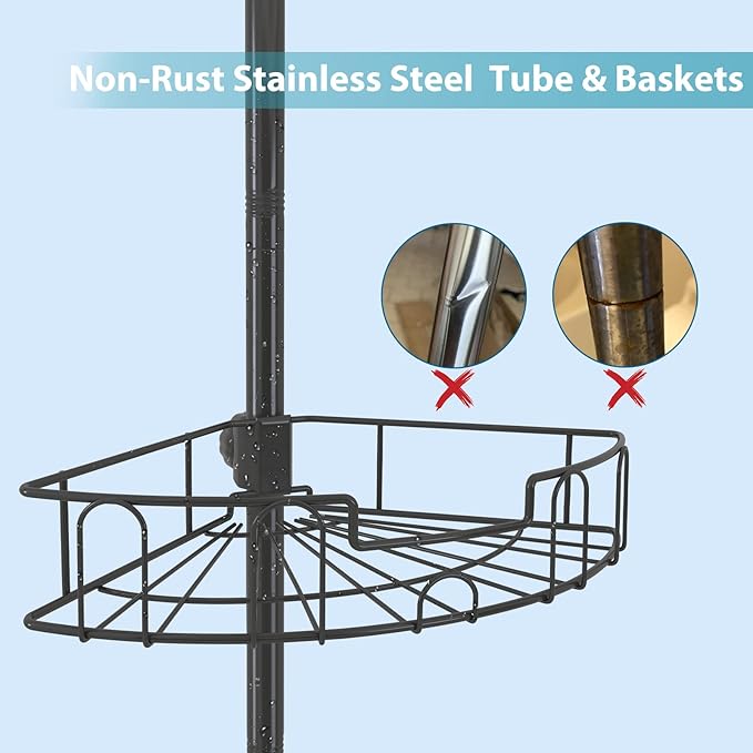 Corner Shower Caddy Tension Pole - Rustproof Stainless Steel Bathroom Shower Organizer, 4 - Tire Height Adjutable, Floor to Ceiling Stand, Fits 56 to 125” Corner Bathtub, Drill Free Quick Setup