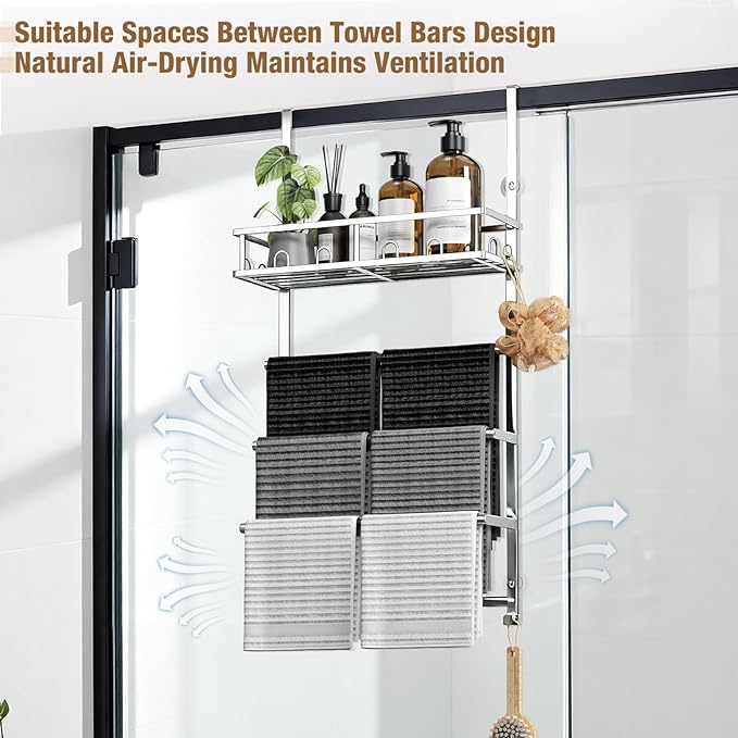 Towel Racks for Bathroom Over The Door Towel Rack Towel Storage with Metal Shelf Basket and Hooks Silver