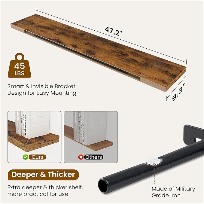 Fun Memories 48 Inch Deep Floating Shelves for Wall, 2 Pack of Long Wall Mounted Wood Shelves with Invisible Brackets for Bathroom, Bedroom, Living Room, Kitchen Decor and Storage, Brown